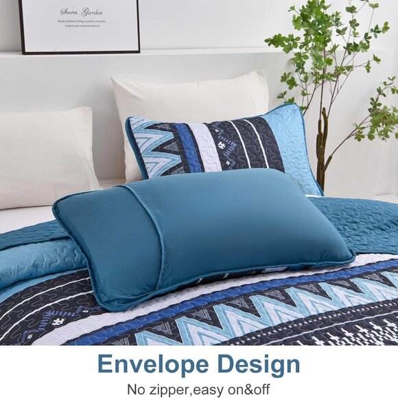 New 3 PC Boho Blue & Black Reversible Quilt Set • QUEEN Size - Picture 7 of 8